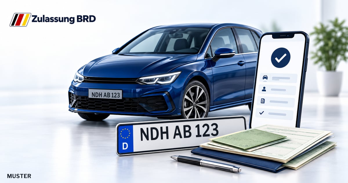 Online Fahrzeugzulassung in Landkreis Nordhausen: Musterkennzeichen NDH AB 123, Auto und Fahrzeugpapiere und Smartphone. Illustration mit Logo von Zulassung BRD.